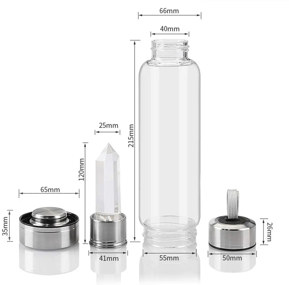 Bouteille d'eau en verre avec pierre naturelle amovible - Bouteille énergétique en verre avec crystal pour le bien-être