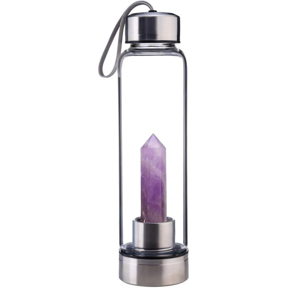 Bouteille d'eau en verre avec pierre naturelle amovible - Bouteille énergétique en verre avec crystal pour le bien-être