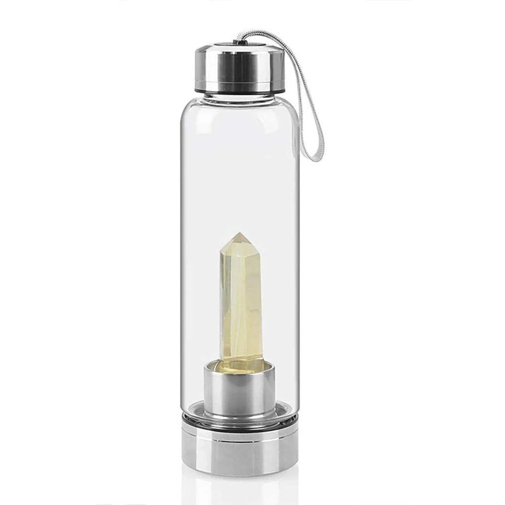 Bouteille d'eau en verre avec pierre naturelle amovible - Bouteille énergétique en verre avec crystal pour le bien-être