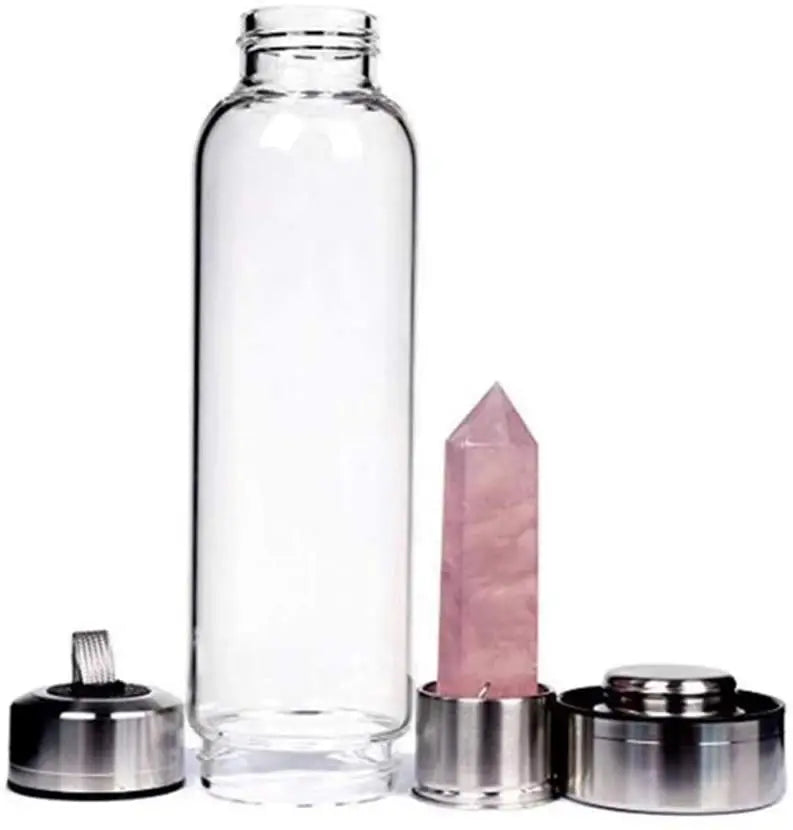 Bouteille d'eau en verre avec pierre naturelle amovible - Bouteille énergétique en verre avec crystal pour le bien-être