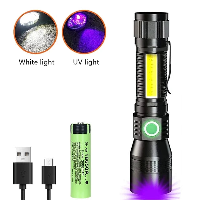 Lampe torche UV et lumière forte rechargeable USB - Lanterne de camping - Détecteur de minéraux - Lampe torche LED ultraviolette à lumière noire