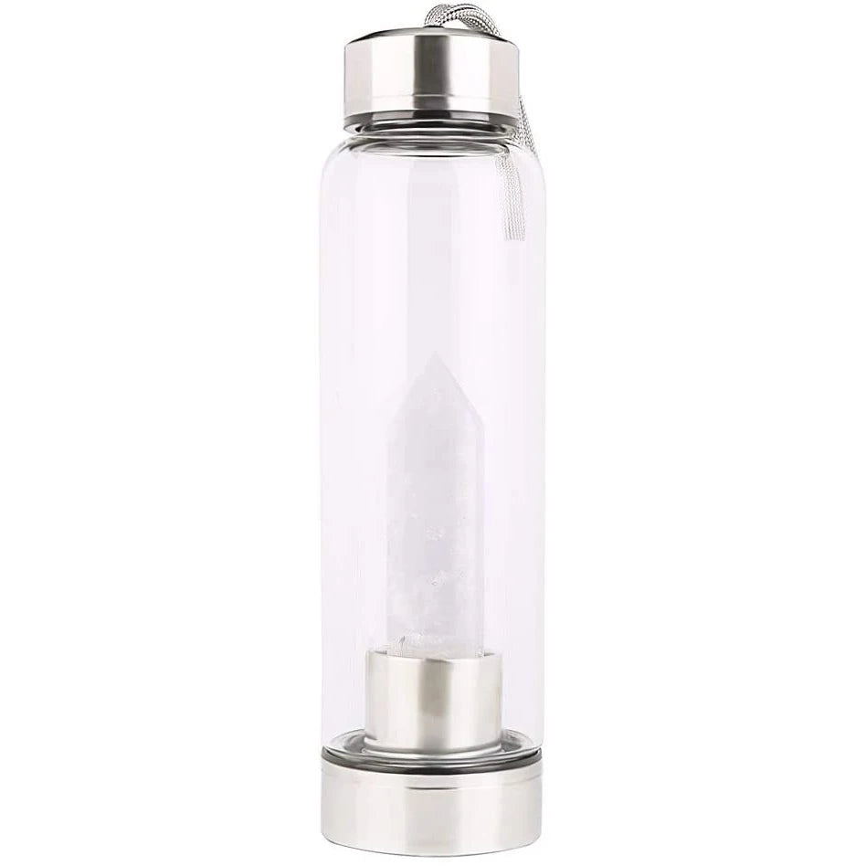 Bouteille d'eau en verre avec pierre naturelle amovible - Bouteille énergétique en verre avec crystal pour le bien-être