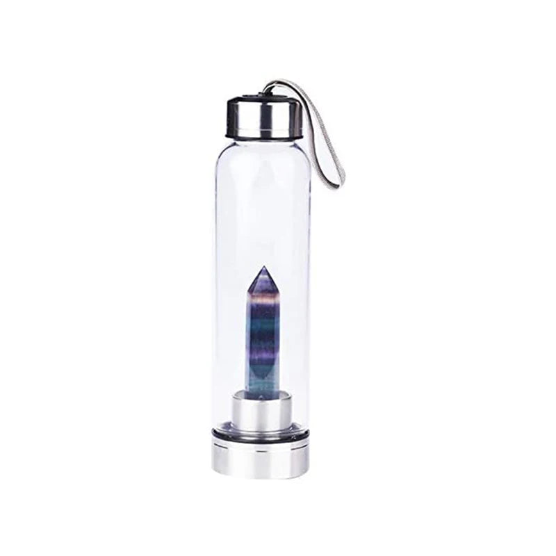 Bouteille d'eau en verre avec pierre naturelle amovible - Bouteille énergétique en verre avec crystal pour le bien-être