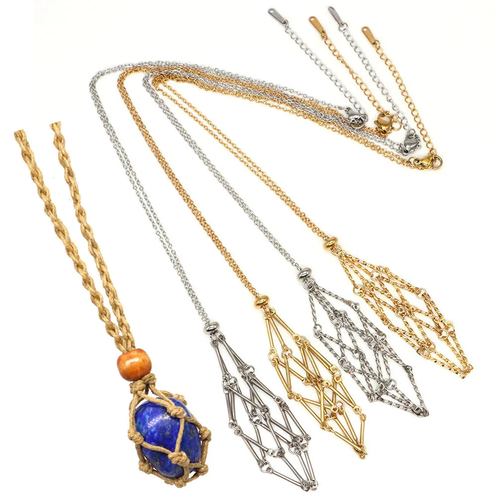 Collier à cristal, porte-pierre vide, cordon ciré, chaîne en acier inoxydable, pendentif ajustable, pochette en filet, accessoire de bijou en pierre naturelle