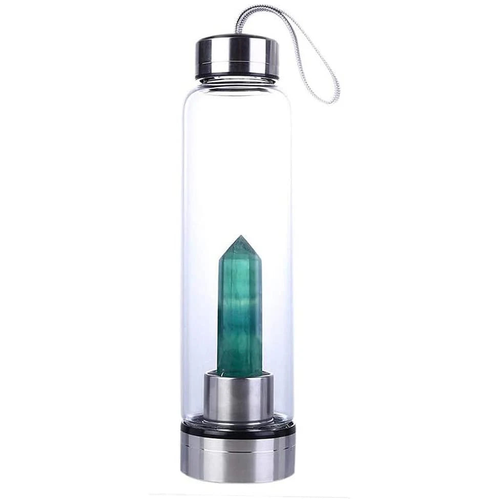 Bouteille d'eau en verre avec pierre naturelle amovible - Bouteille énergétique en verre avec crystal pour le bien-être