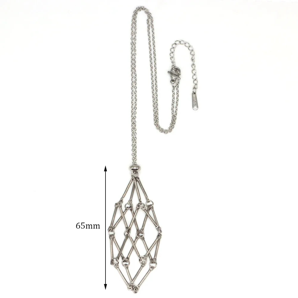 Collier à cristal, porte-pierre vide, cordon ciré, chaîne en acier inoxydable, pendentif ajustable, pochette en filet, accessoire de bijou en pierre naturelle