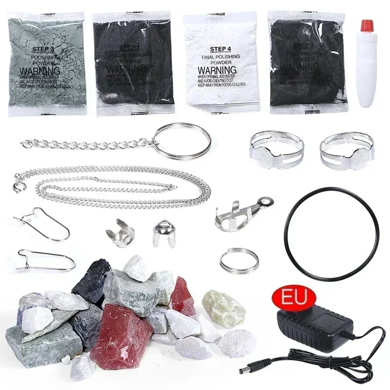 Kit de polissage de pierres électrique 110/220V - Machine à polir les pierres brutes avec pierres précieuses et grains de polissage pour adultes et enfants - Machine de polissage