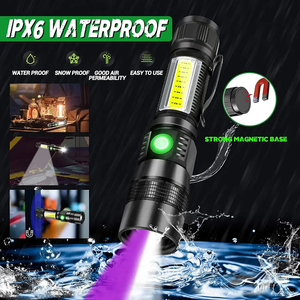 Lampe torche UV et lumière forte rechargeable USB - Lanterne de camping - Détecteur de minéraux - Lampe torche LED ultraviolette à lumière noire