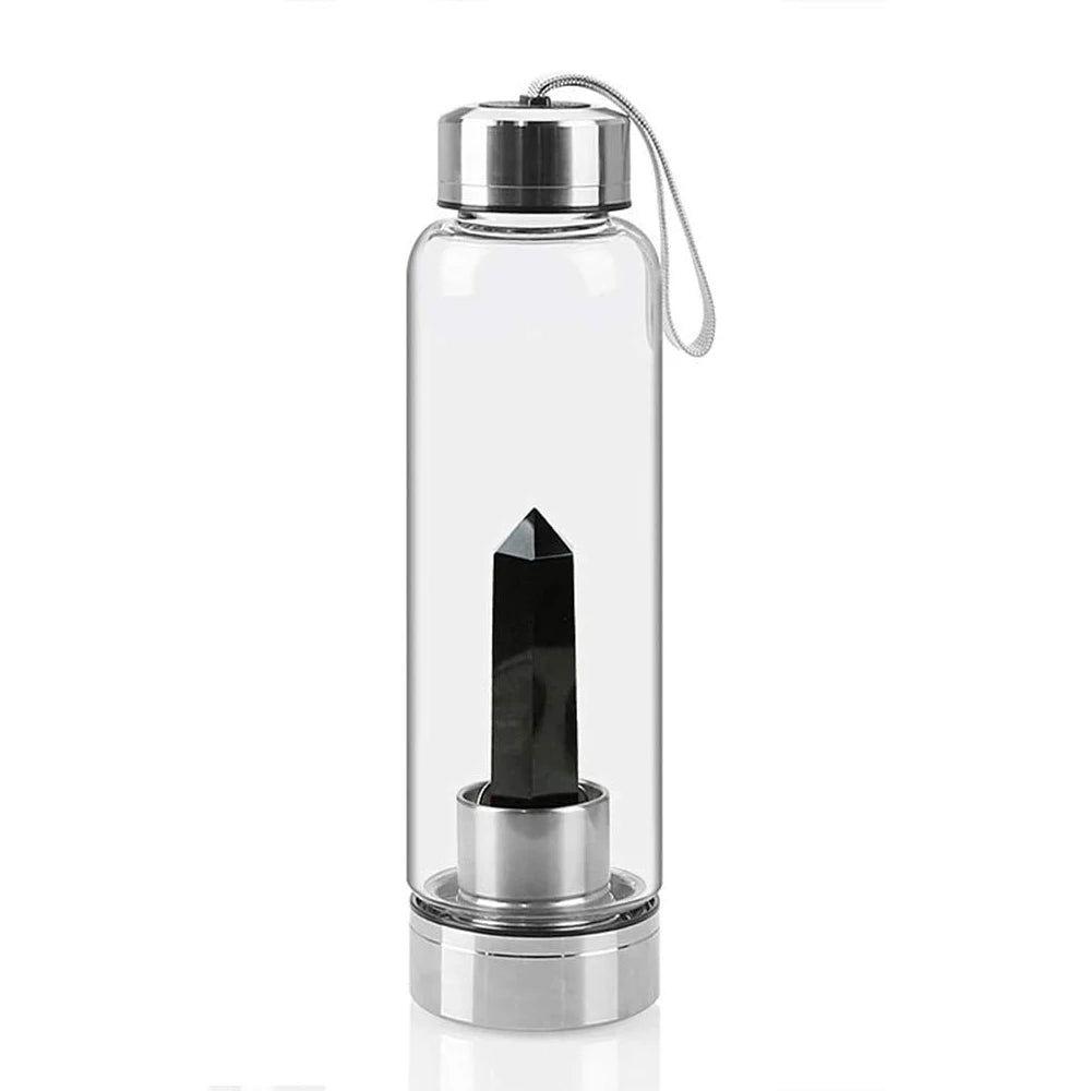 Bouteille d'eau en verre avec pierre naturelle amovible - Bouteille énergétique en verre avec crystal pour le bien-être