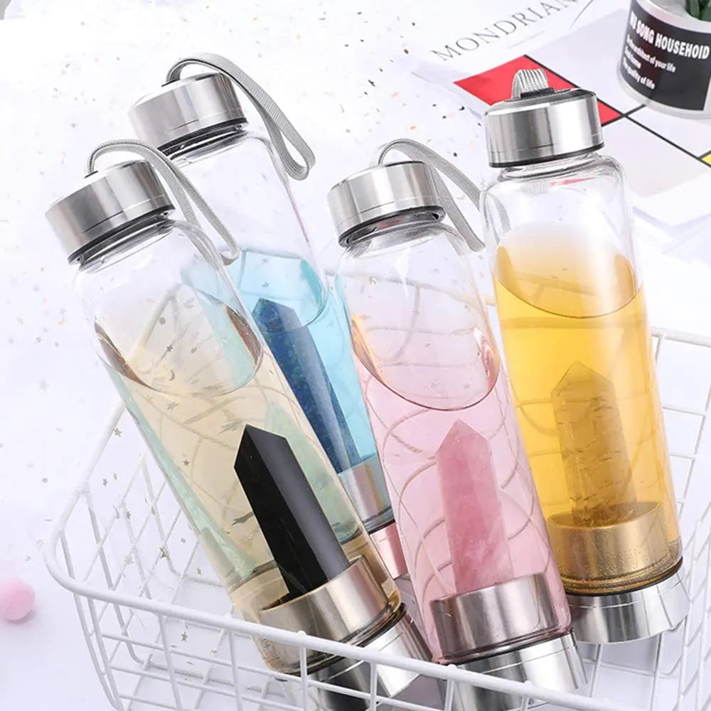 Bouteille d'eau en verre avec pierre naturelle amovible - Bouteille énergétique en verre avec crystal pour le bien-être