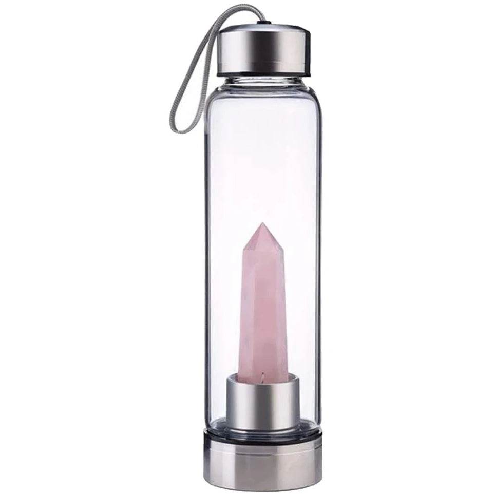 Bouteille d'eau en verre avec pierre naturelle amovible - Bouteille énergétique en verre avec crystal pour le bien-être
