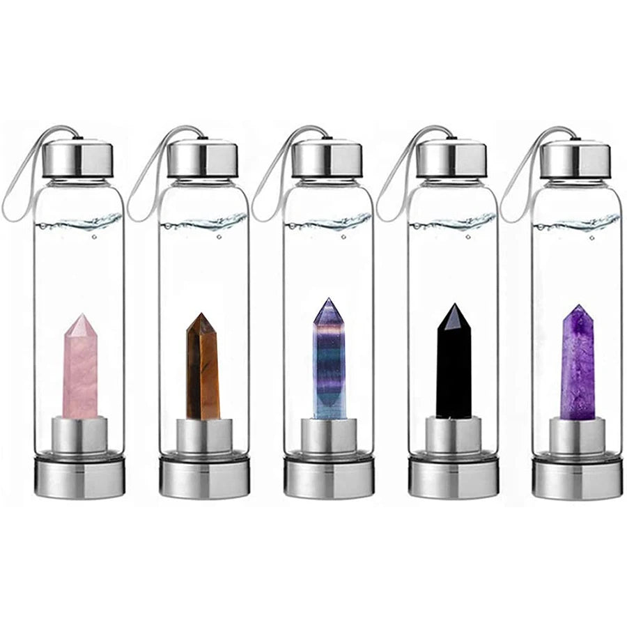 Bouteille d'eau en verre avec pierre naturelle amovible - Bouteille énergétique en verre avec crystal pour le bien-être