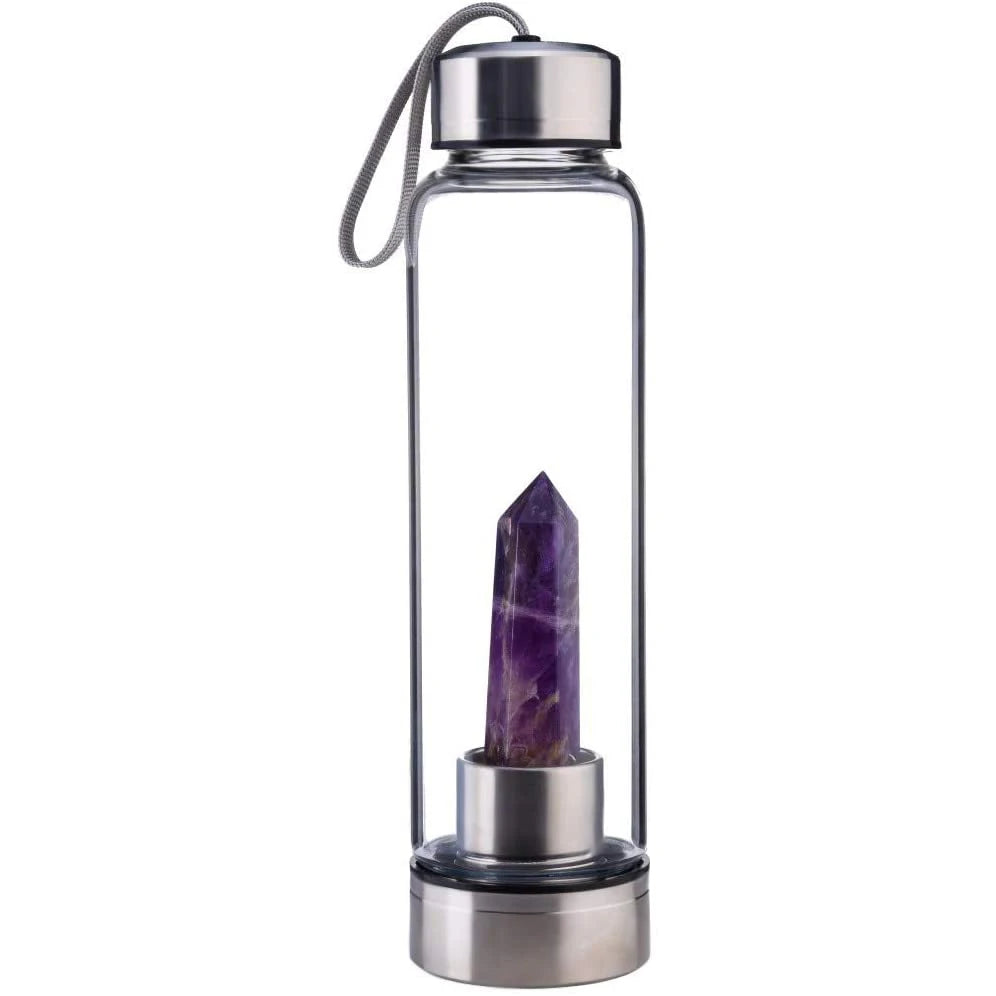 Bouteille d'eau en verre avec pierre naturelle amovible - Bouteille énergétique en verre avec crystal pour le bien-être